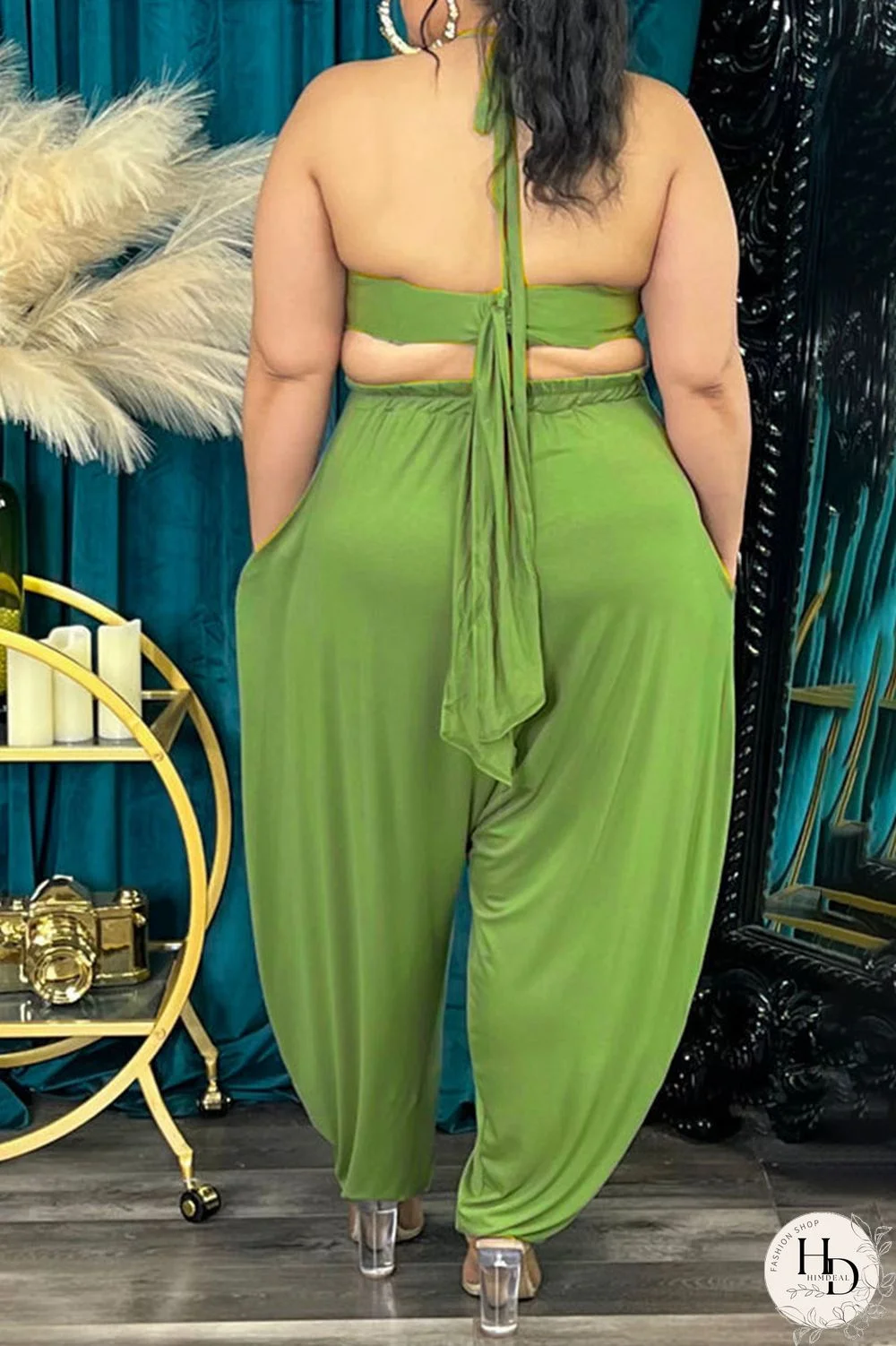 Rose Red Sexy Solid Bandage Patchwork Backless Asymmetrical Halter Plus Size Two Pieces