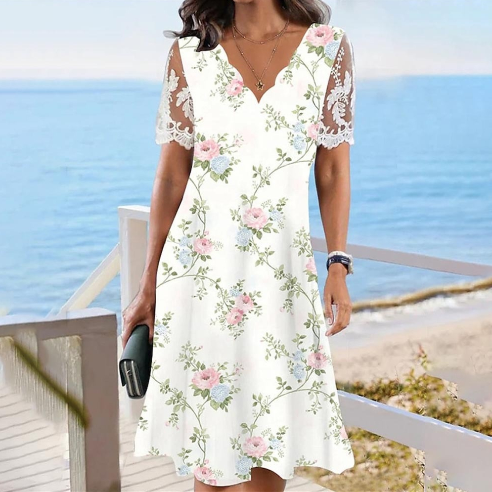 Mature Women Casual Summer Lace V-neck Short Sleeve Dress