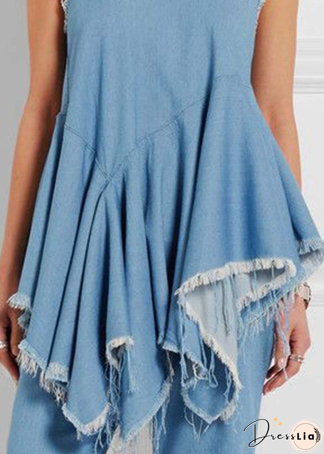 Style Blue Asymmetrical Design Exra Large Hem Denim Vests Sleeveless