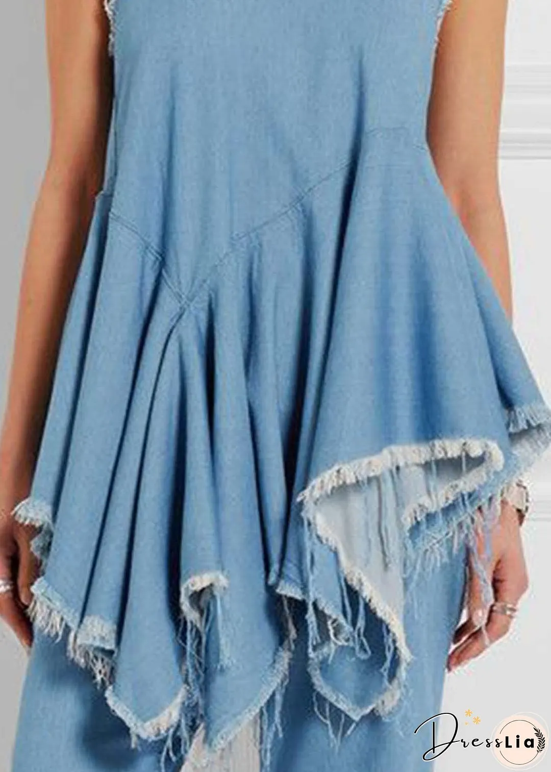 Style Blue Asymmetrical Design Exra Large Hem Denim Vests Sleeveless