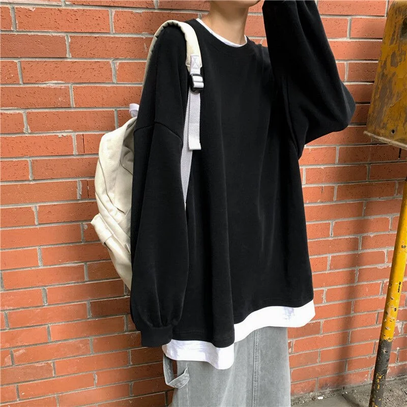 Women No Hat Hoodies Fake Two Pieces Solid Harajuku Oversize 2XL Pullover Sweatshirts Thin Korean Style Streetwear All-match Ins