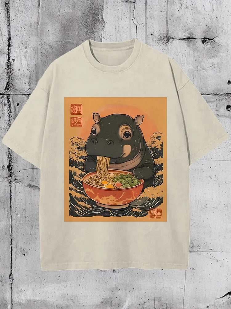 Men's Moo Deng Eating Ramen Print Cotton Washed T-Shirt