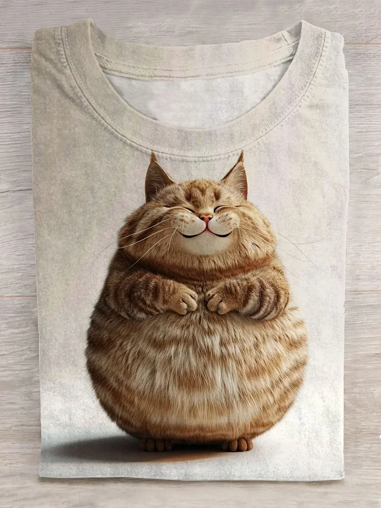Cute Fluffy Cat Art Print Short Sleeve Casual T-shirt