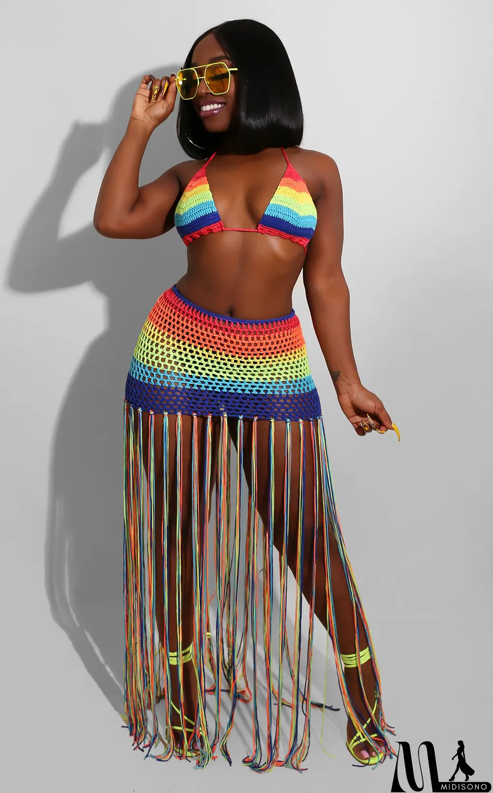 MidiSono - Sexy Crochet Tassel Cutout Skirt Two Piece Set