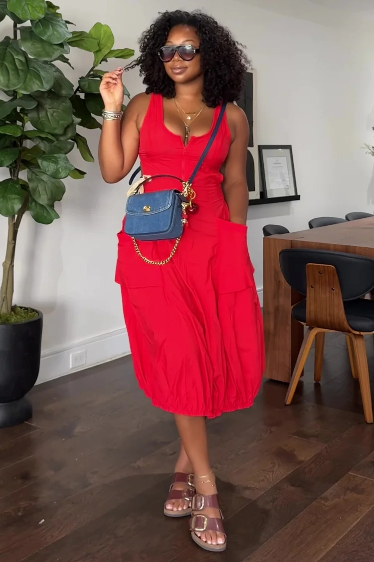 Notched Neck Cutout Pocket Waist Sleeveless Midi Bell Dresses-Red