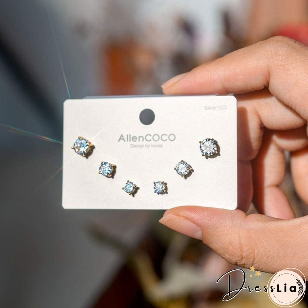 Pairs Stud earrings 925 sterling silver plated round cubic zirconia hypoallergenic set