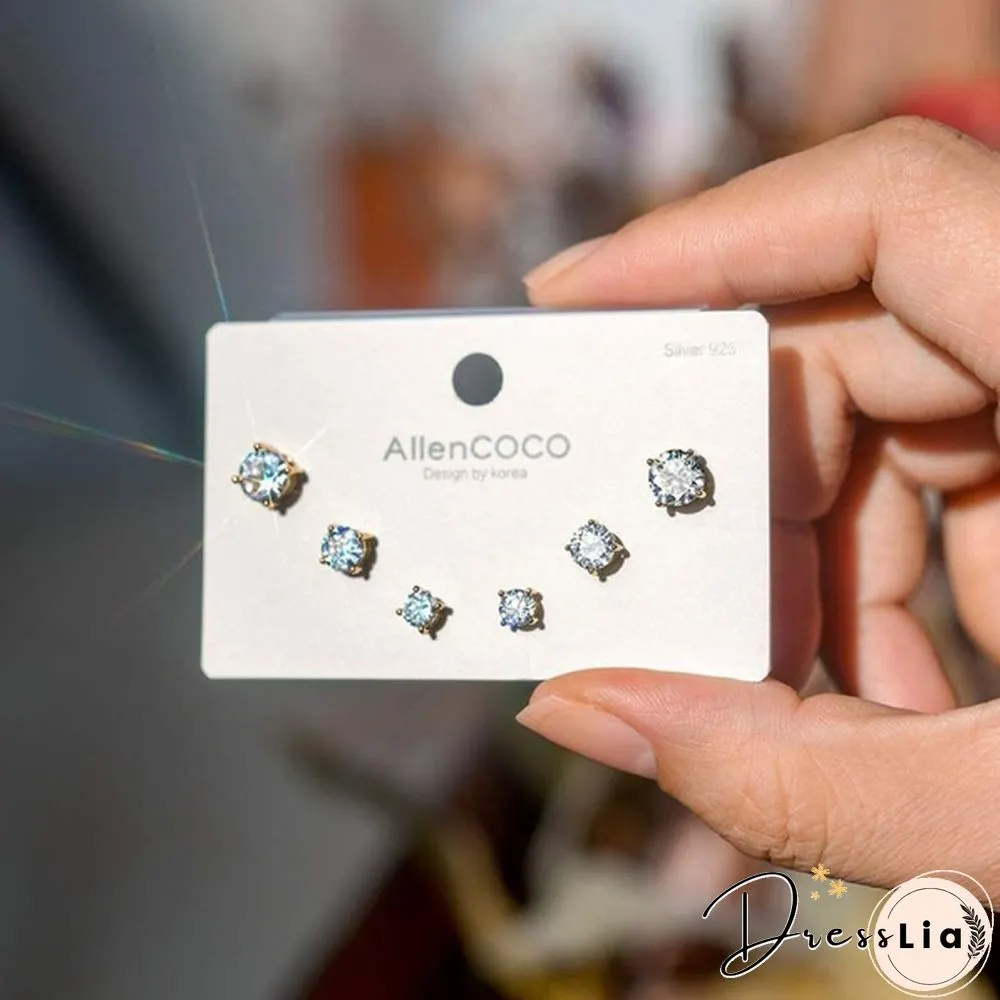 Pairs Stud earrings 925 sterling silver plated round cubic zirconia hypoallergenic set