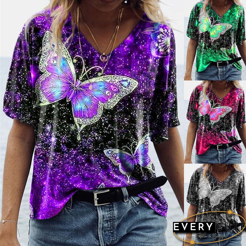 Women's Fashion Spring and Autumn New Five-point Sleeve Butterfly Print Tops