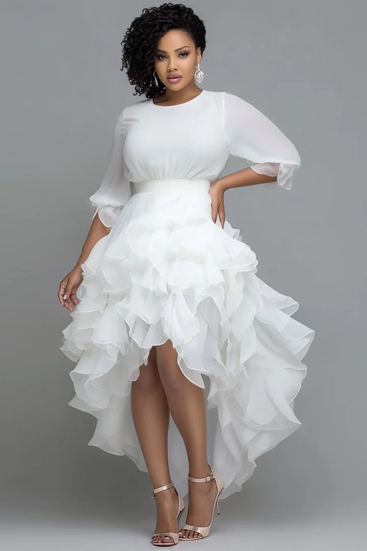 Xpluswear Design Plus Size Wedding White Round Neck Half Sleeve Ruffle High Low Hem Chiffon Midi Dresses 2024 - Xpluswear