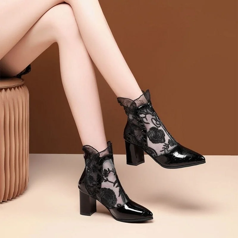 Ethnic Embroidery Flower Women High Boots 2021,Summer Mesh Shoes,Ankle Botas,Pointed Toe,Hollow out,BLACK,BLUE,Dropshipping