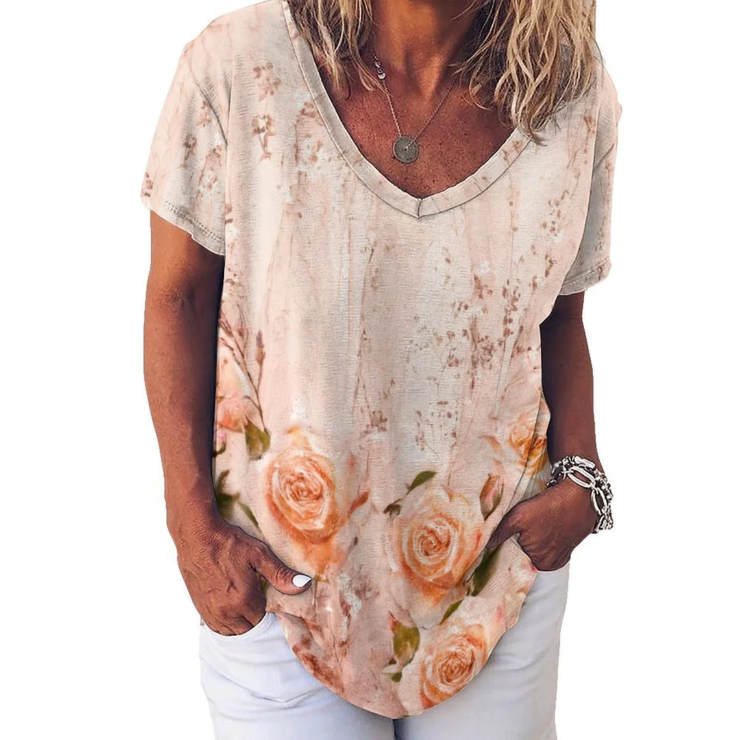 V-neck Short Sleeve Casual T-shirt for  Women Printed with Pattern Floral, Glitter, Pink