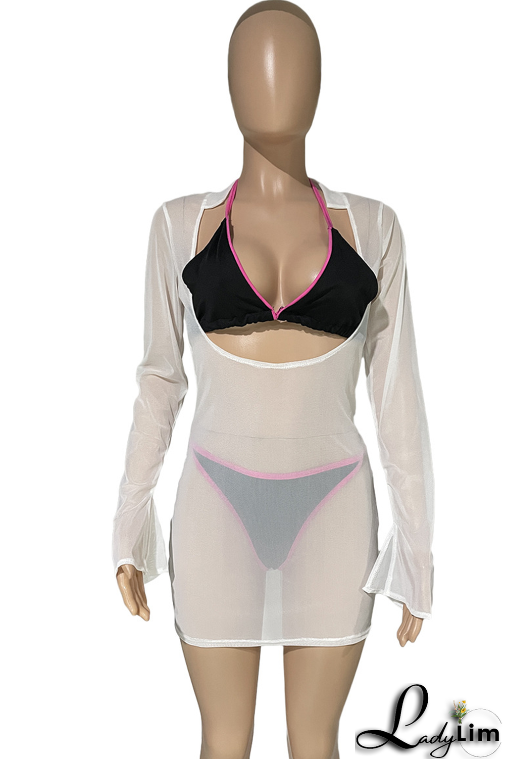 White Sexy Solid Mesh Halter Long Sleeve Three Pieces