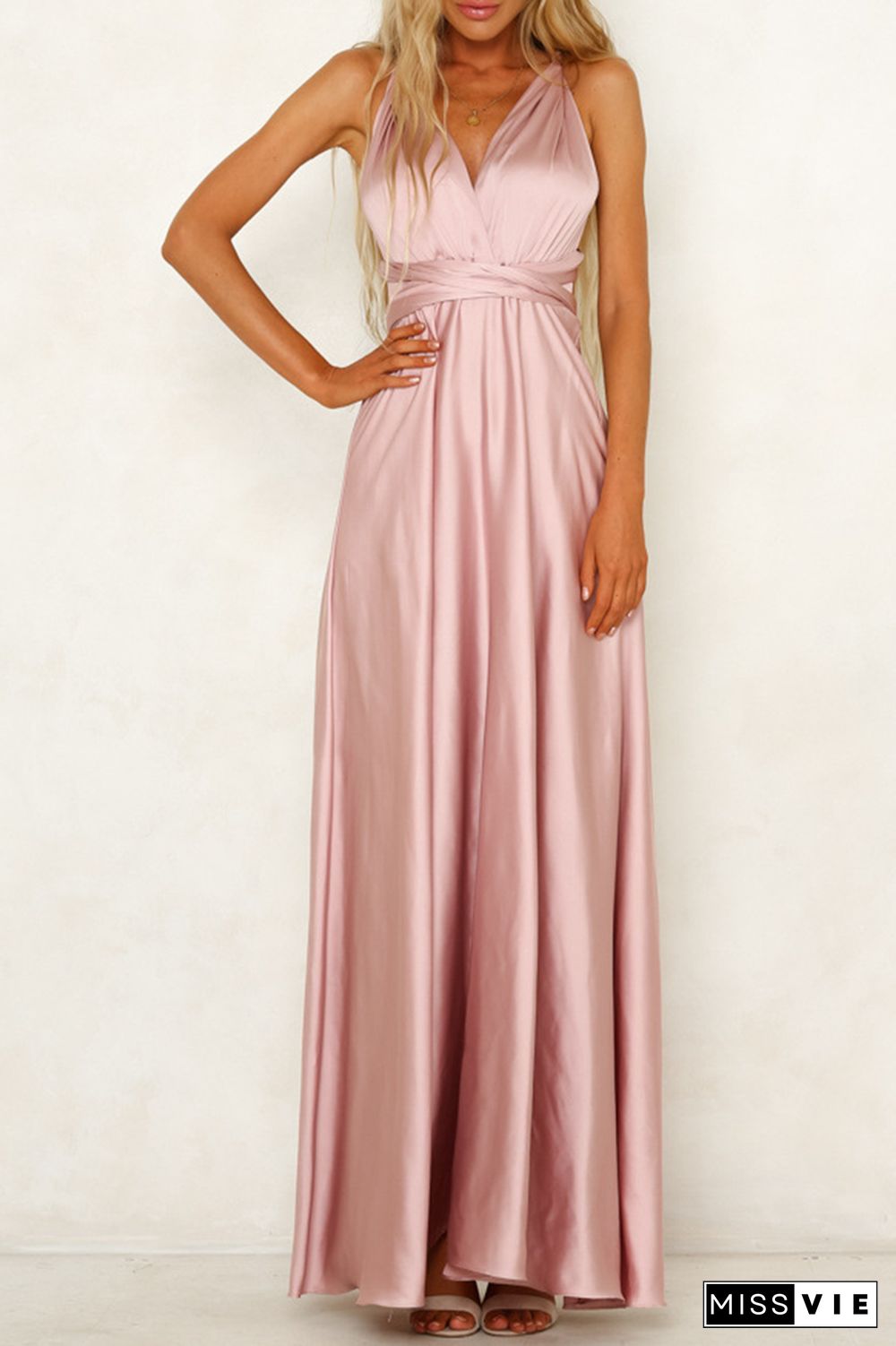 Celebrities Elegant Solid Backless Strap Design V Neck Evening Dress