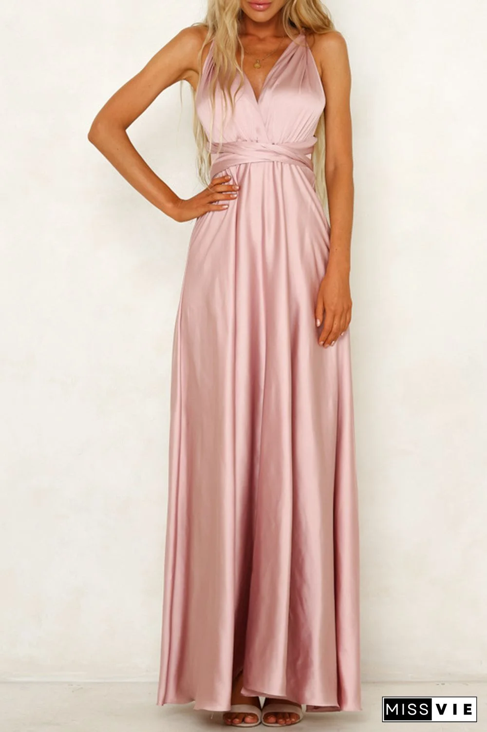 Celebrities Elegant Solid Backless Strap Design V Neck Evening Dress