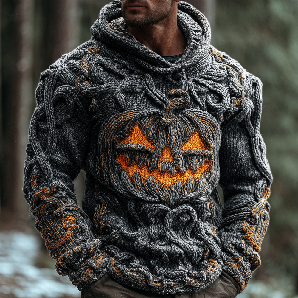 Halloween Pumpkin Emoji Men's Chunky Knit Hooded Sweater  artssus