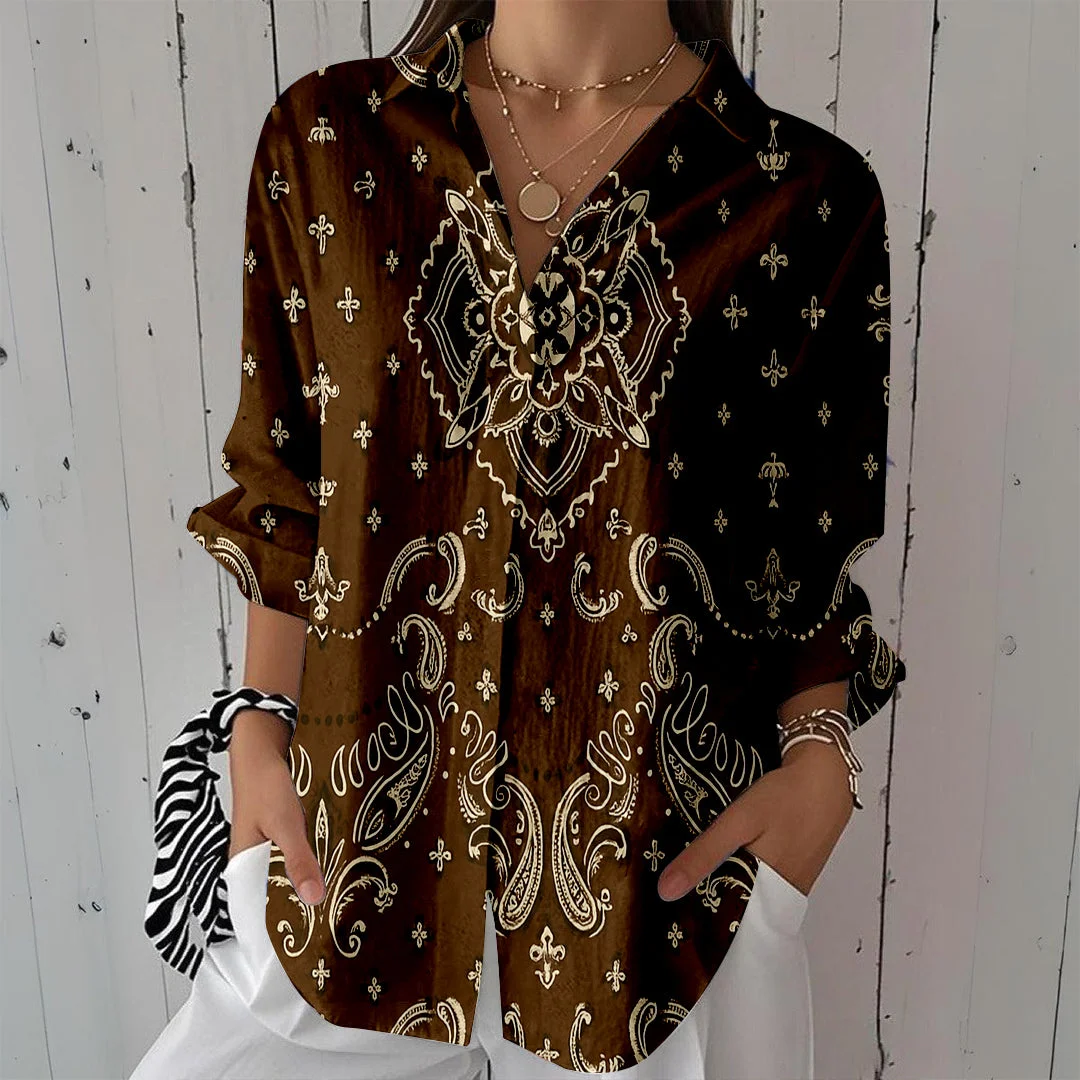 Style & Comfort for Mature Women Women Paisley, Brown DZCL0370 3/4 Sleeve Shirt Collar Printed Button Tops