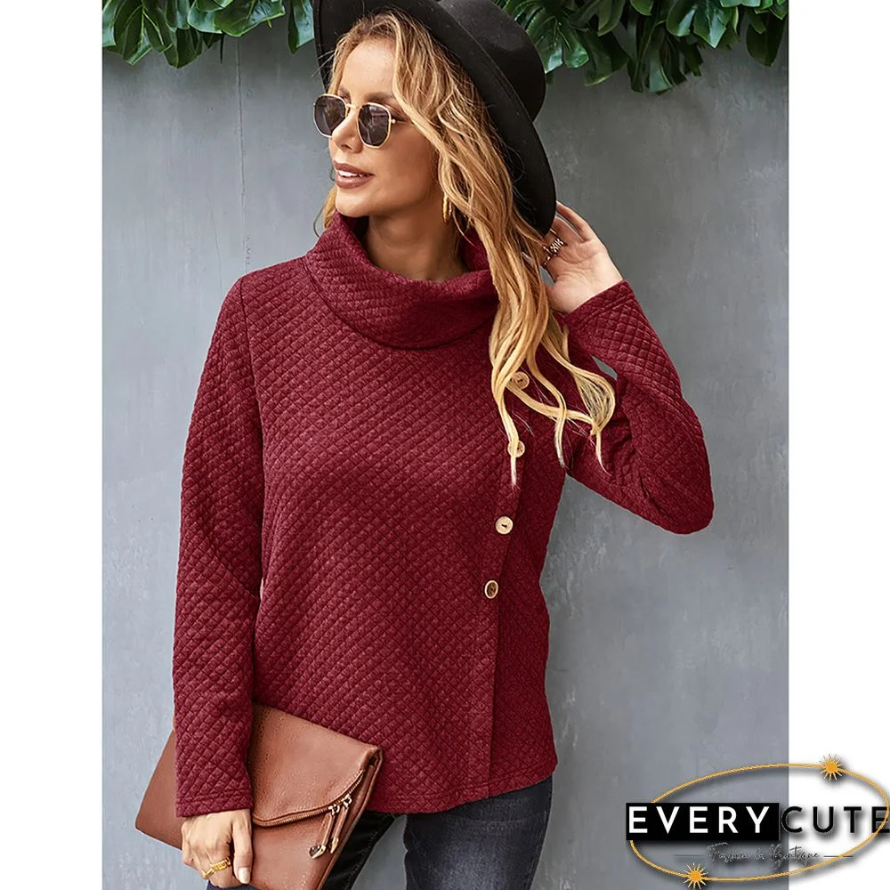 Wine Red Button Detail High Collar Sweatshirt