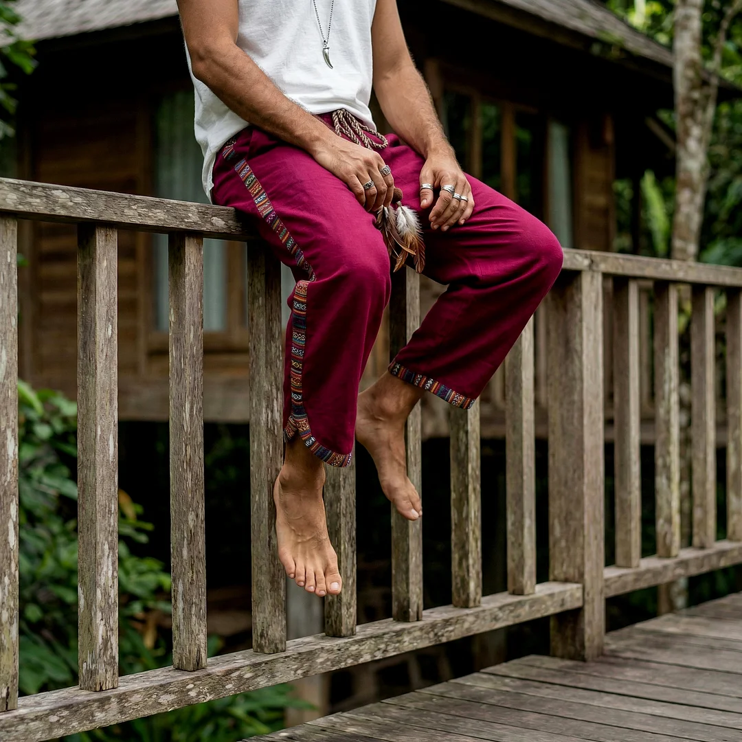 Men's Ethnic-style Patterned Patchwork Linen Elastic Waist Trousers-inspireuse