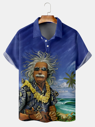 Resort Style Hawaiian Coconut Tree Element Lapel Short Sleeve Polo Print Top