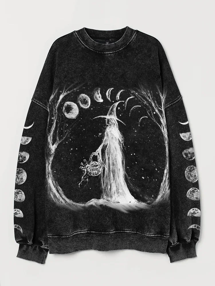 Wearshes Witch at Snowy Night Moon Phase Washed Sweatshirt