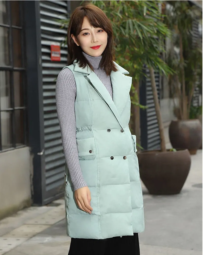 2021 Cotton Padded Down Vest Women Mid-Length Autumn Winter Warm Sleeveless Waistcoat Sashes Outerwear Student Vest Jacket