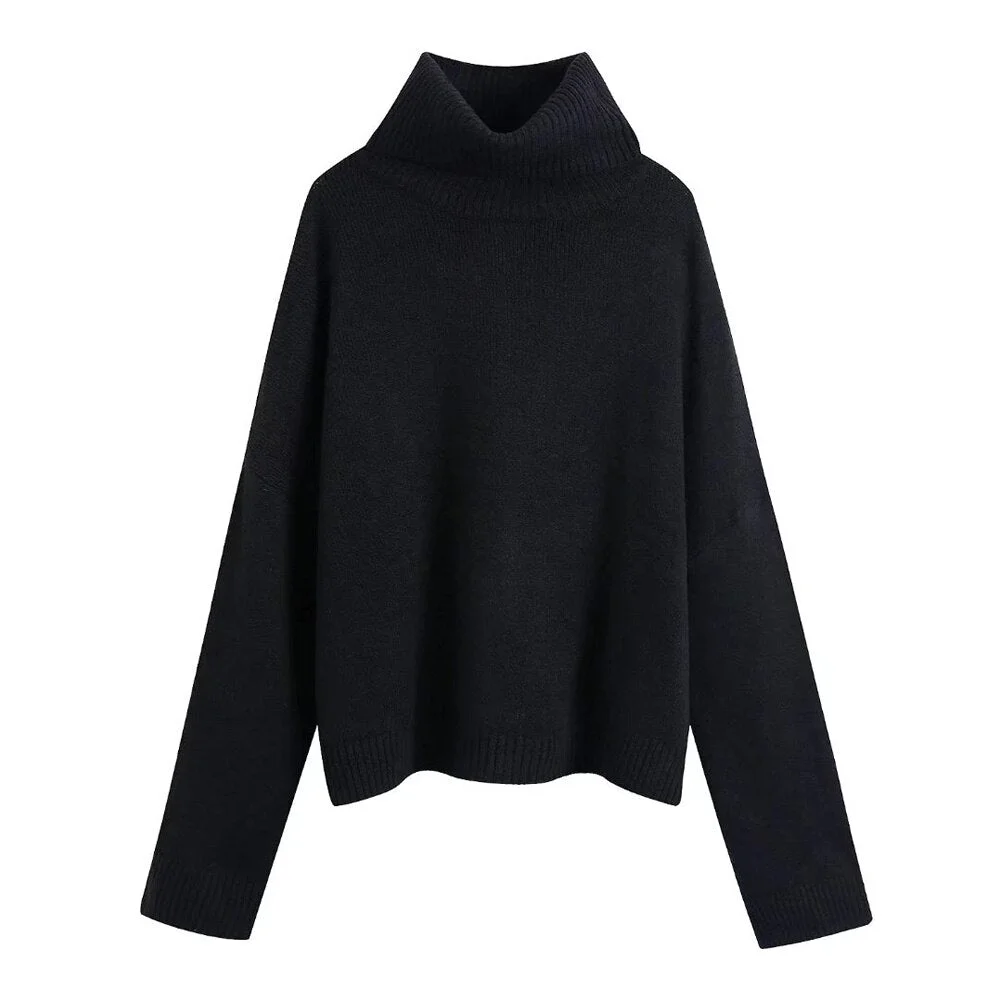 TRAF Women Fashion With Ribbed Trim Loose Knit Sweater Vintage High Neck Long Sleeve Female Pullovers Chic Tops