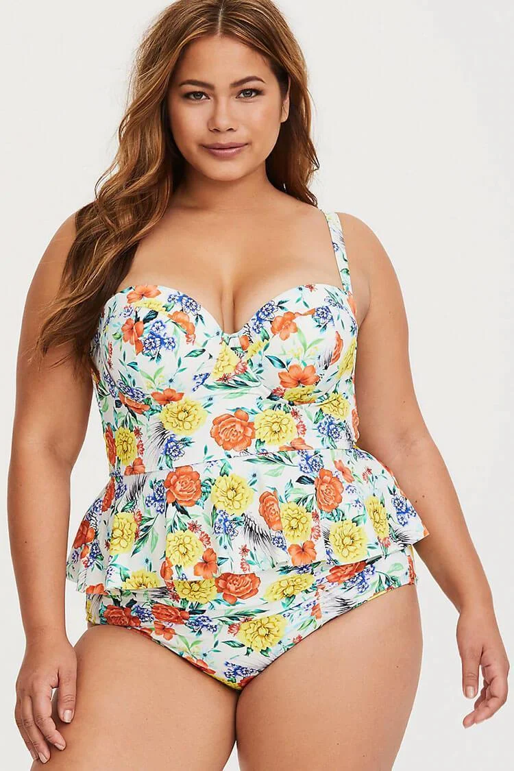 Plus Size Boho Floral Underwire Peplum Tankini Swimsuit - Two Piece Set-elleschic
