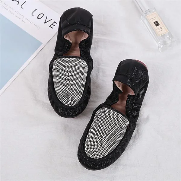 Women Foldable Fashion Rhinestone Slip-On Flats