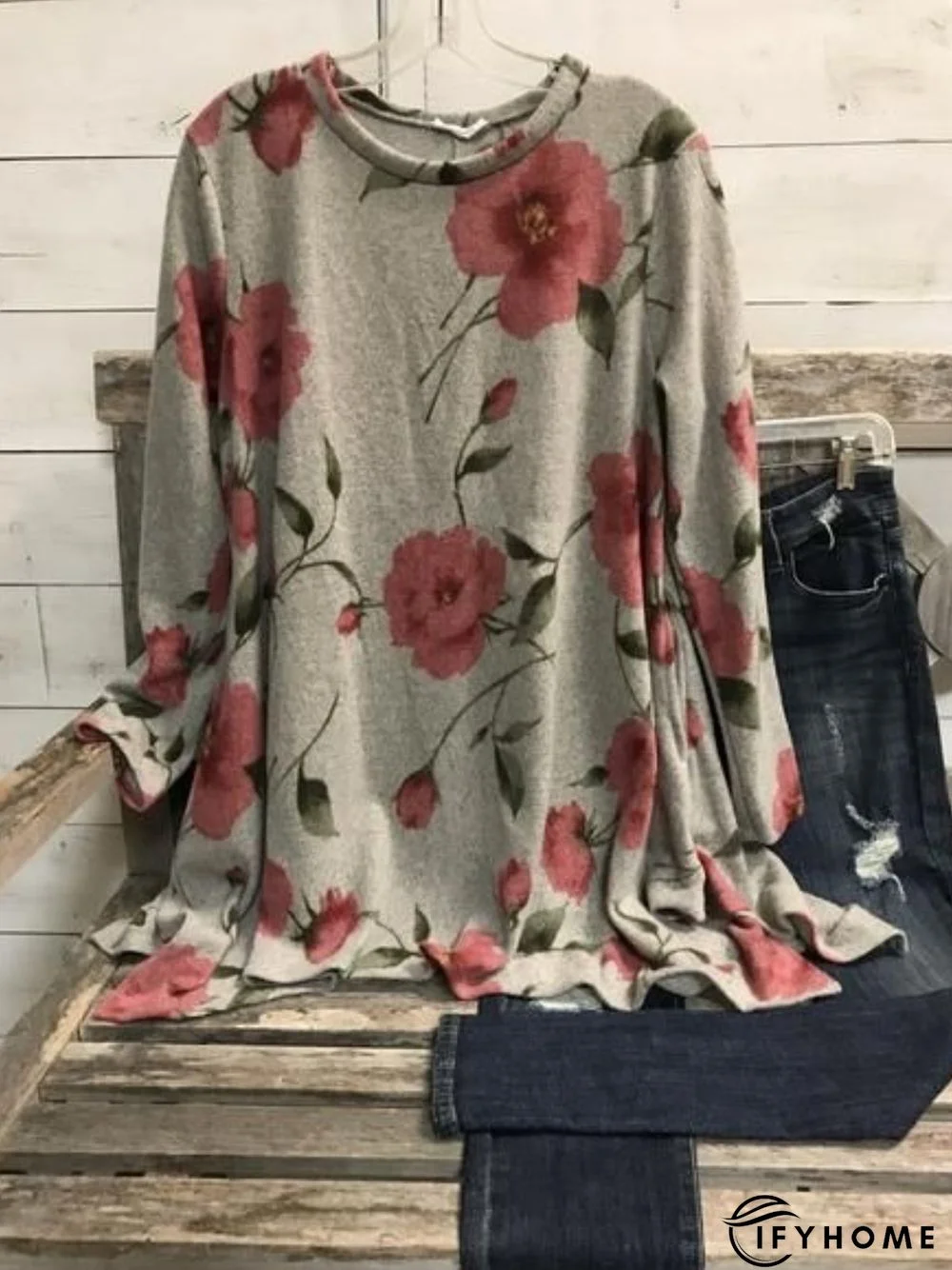 Casual Long Sleeve Round Neck Printed Tunic Top | IFYHOME