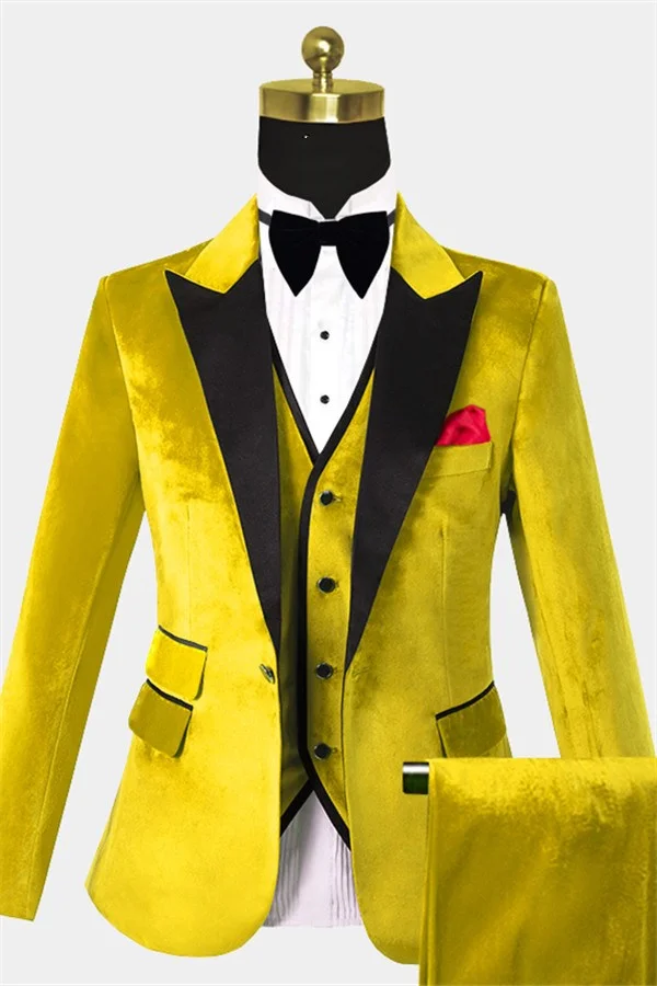 Bellasprom Yellow Velvet Three Pieces Slim Fit Tuxedo For Men