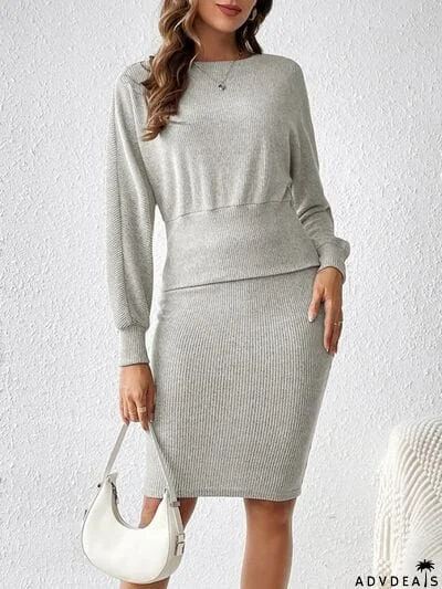 Ribbed Round Neck Top and Skirt Set
