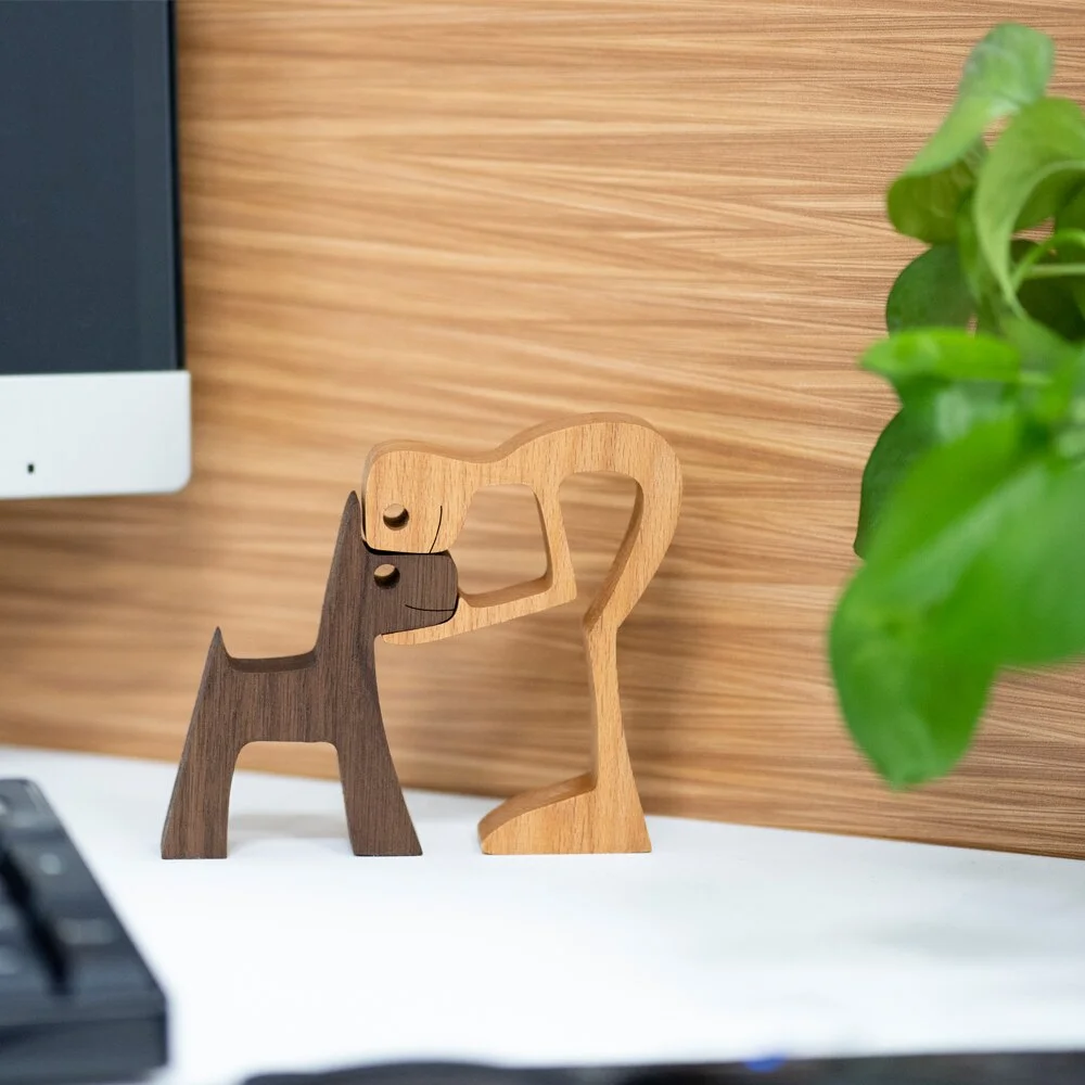 Creative Wooden Dog Figures Table Decorarion Men and Dog Statue Art Craft Carving Miniature Decoration Home Decor Desk Ornaments