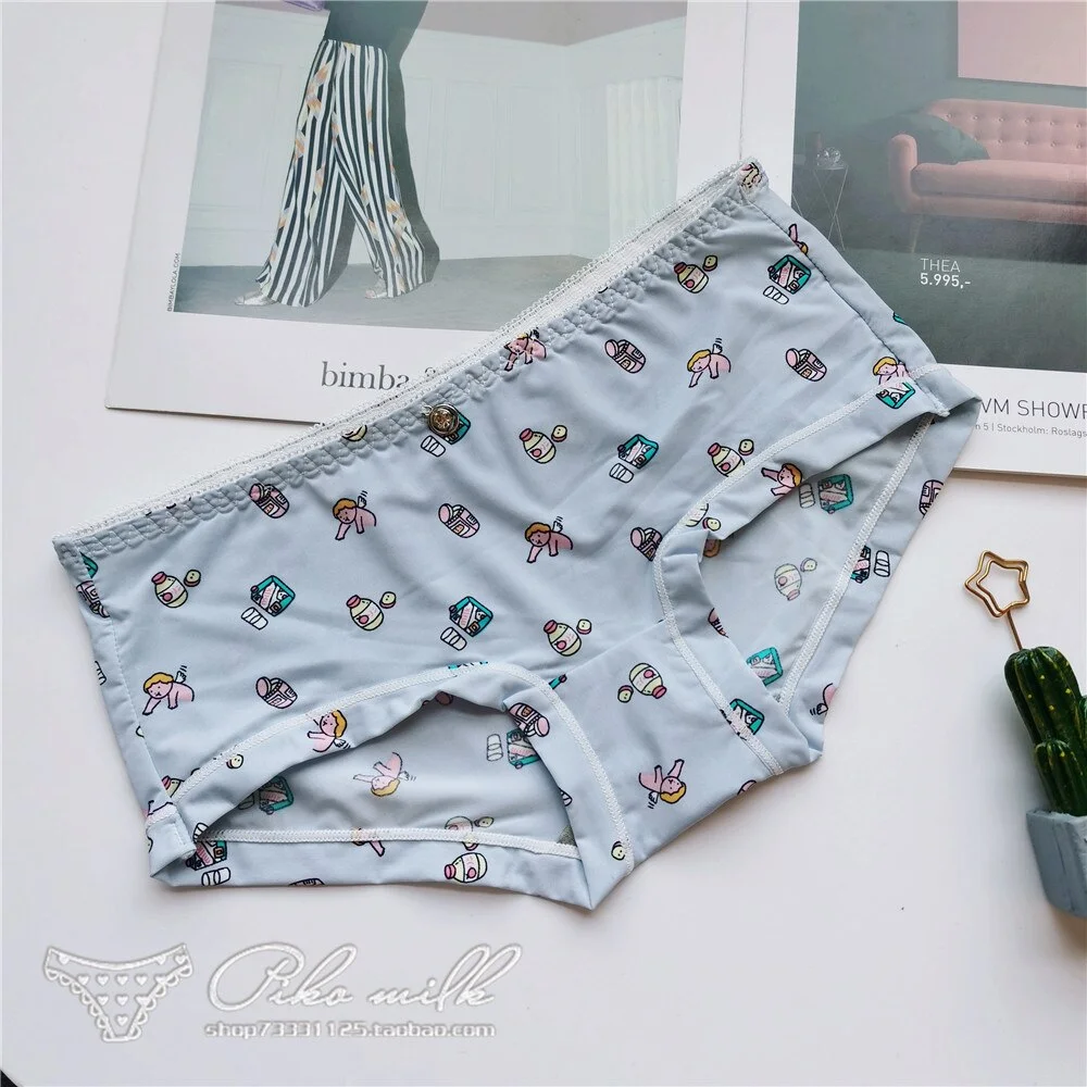 Billionm Colors Ice Silk Printing Cute Students Low Waist Cartoon Plaid Women's New Underwear Lolita Fruit Animal Fashion Panties Bow