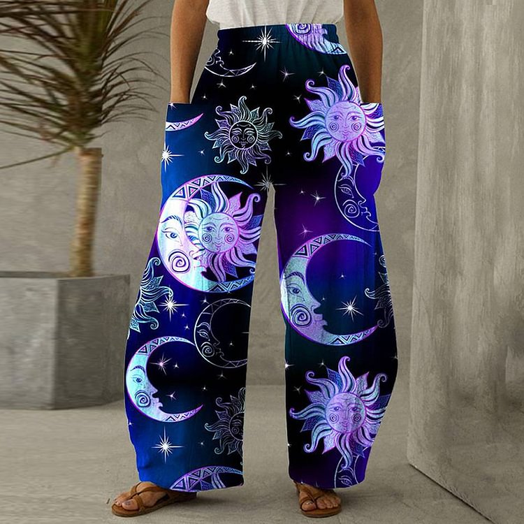 Dream Purple Sun And Moon Print Women's Casual Loose Wide-leg Pants