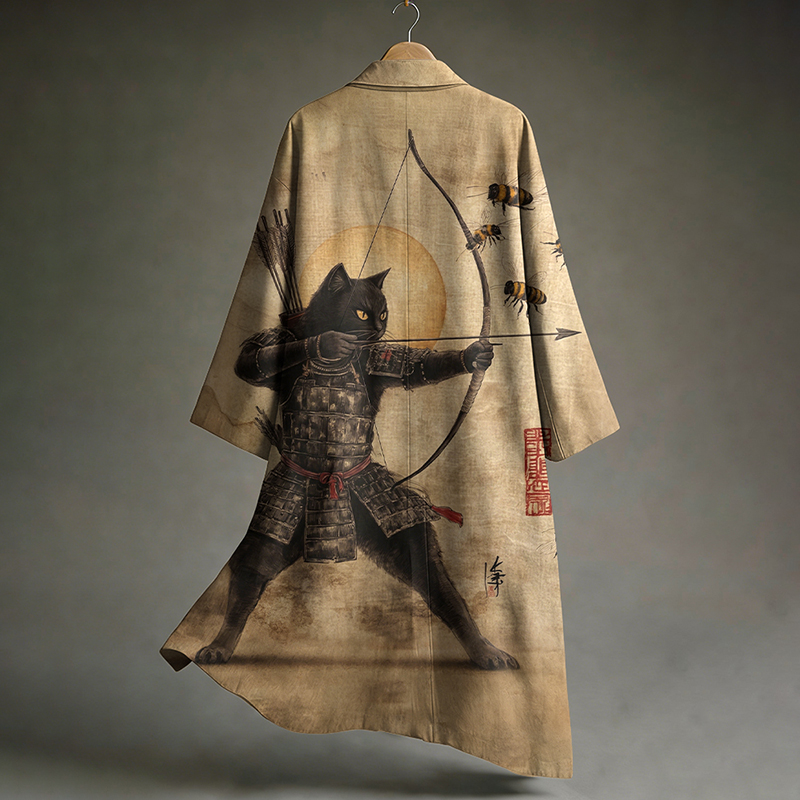 Men's Black Cat Tribal Warrior Japanese Kyudo Print  Linen Long Kimono  artssus