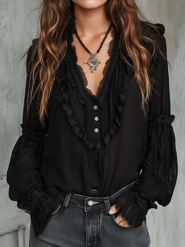 Vintage Black Ruffle Long Sleeve Blouse With Lace Trim