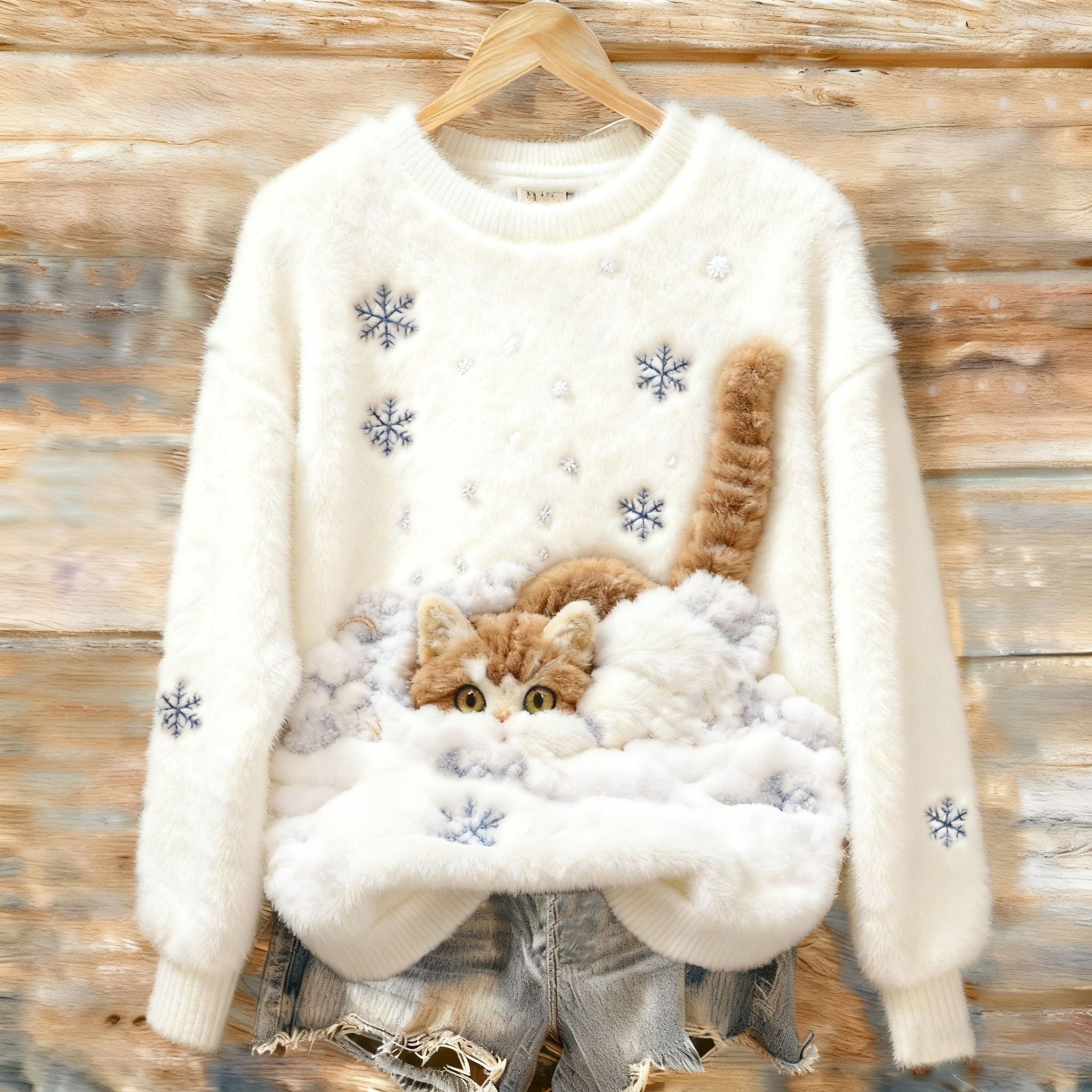 Lovely Cat In The Snow Round Neck Plush Knitted Sweaters wearshes