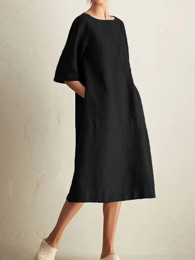 Solid Linen Crew Neck Dress