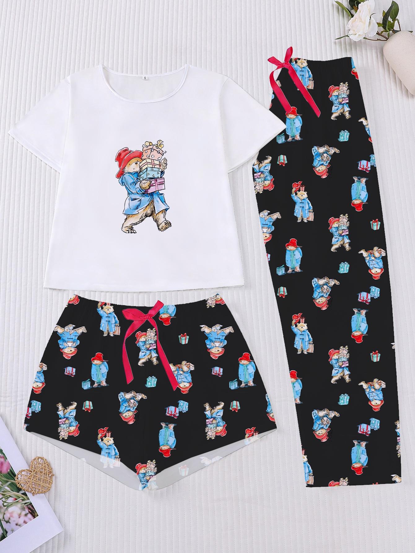 3-Piece Casual Women Pjs Pajama Set with Padding Bear Print, Short Sleeve Button-Up Top and Loose Shorts and Long Pants, Stylish Comfortable Sleepwear & Loungewear for Everyday and Holiday