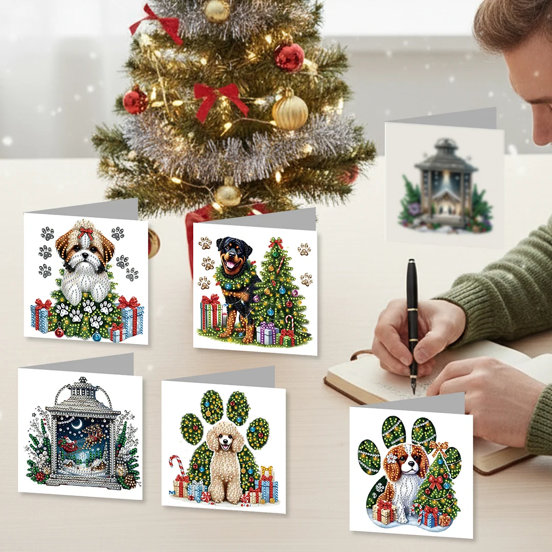 12Pcs Xmas Dog DIY Diamond Painting Greeting Cards for Adult Holiday Gifts