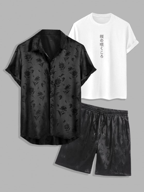 3 Pieces Graphic Printed T Shirt And Shirt And Shorts Set