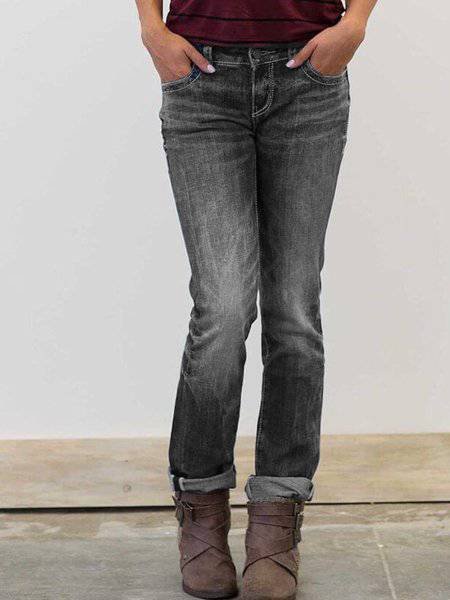 Blue Plain Casual Denim Pants