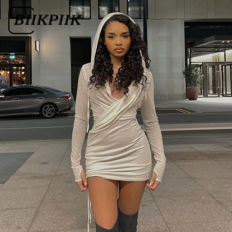 BIIKPIIK Solid Hoodied Bodycon Dress Female Long Sleeve Stacked Casual Mini Dresses Elegant Backless Vintage Streetwear Clothing