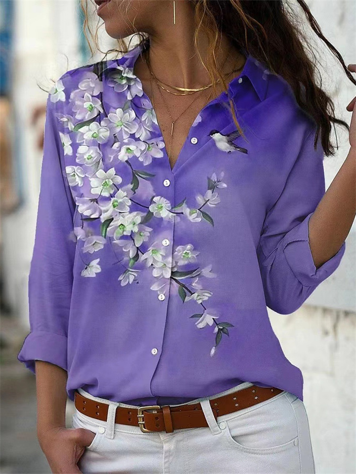 Floral Shirt Spring and Summer Models Lapel 3D Printed Women's Long-sleeved Printed Shirt S-5XL