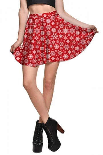 Womens Christmas Snowflake Printed High Waist Pleated Skirt Red-elleschic