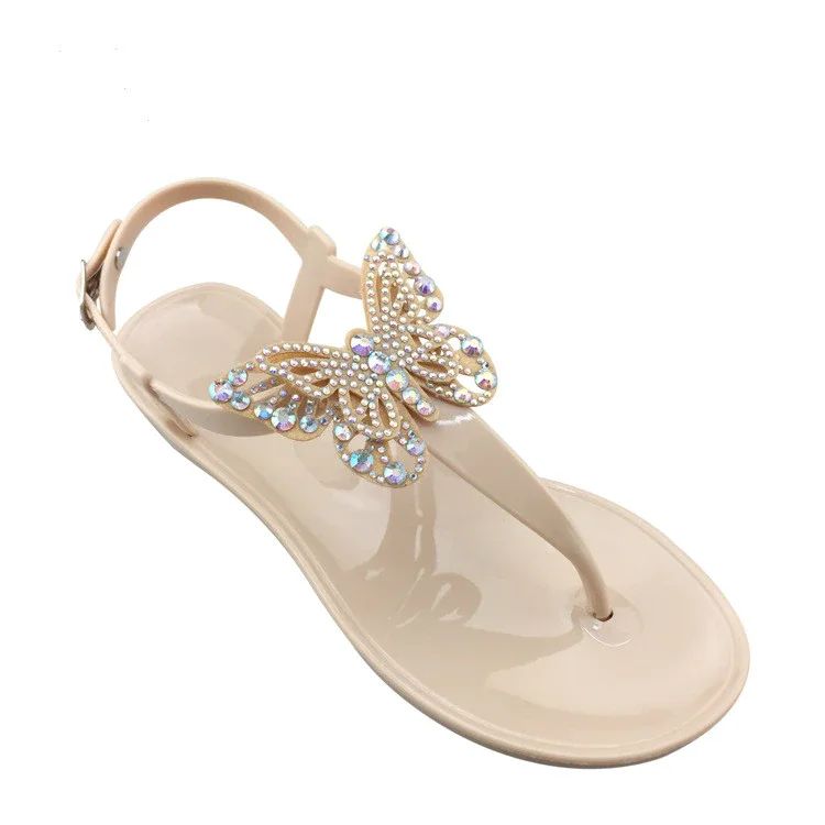 Qengg NEW Summer Women`s Flat Beach Shining Rhinestones Butterfly Sandals T-strap Thong Flip Flops Slippers Flat Summer Shoes