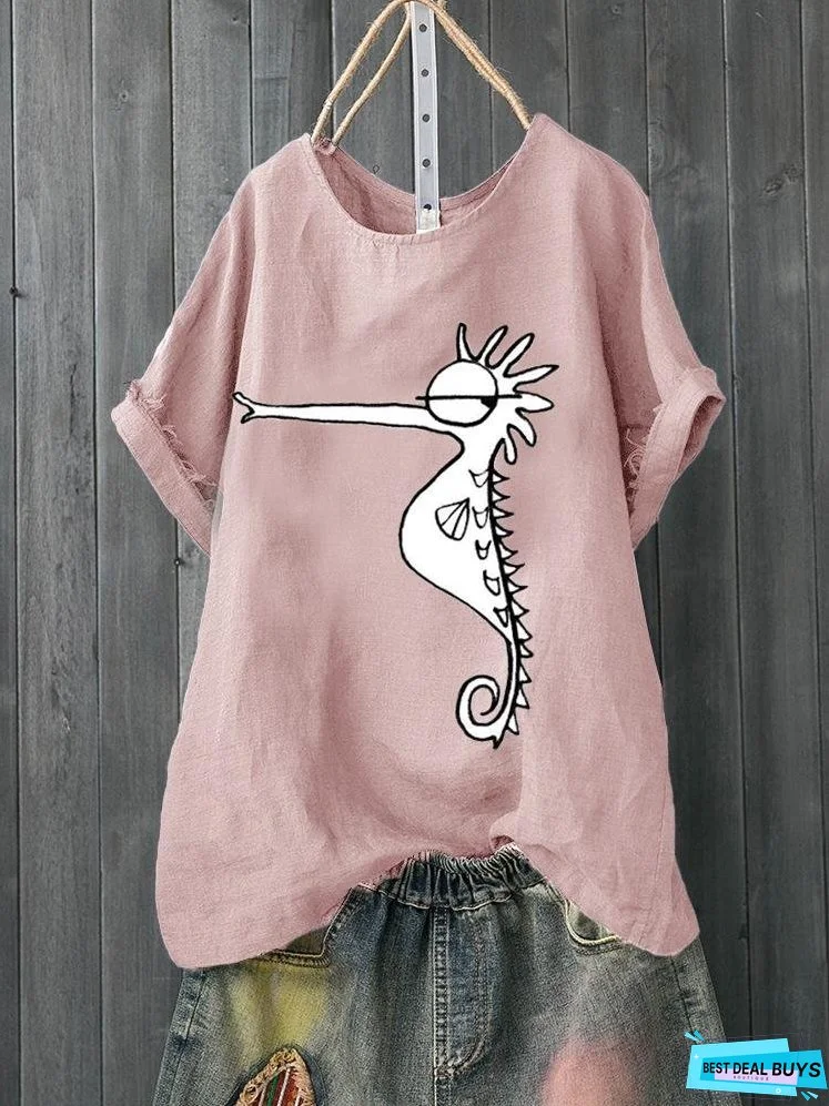 Short-sleeved Casual Breathable Cotton T-shirt for Hippocampal Printing