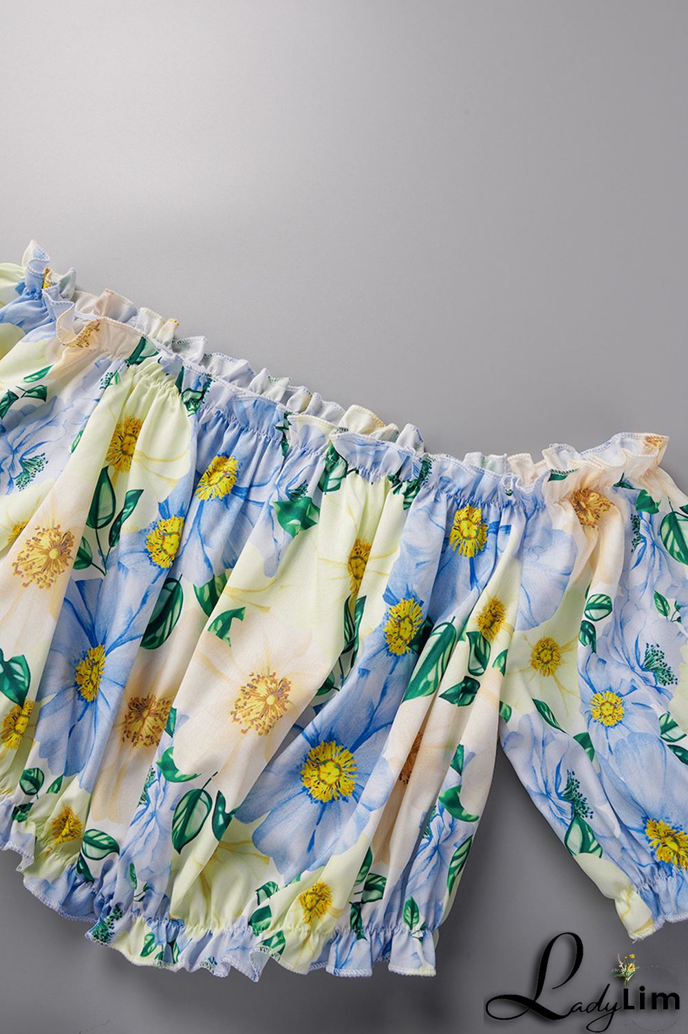 Yellow Sexy Print Patchwork Off the Shoulder Short Sleeve Two Pieces