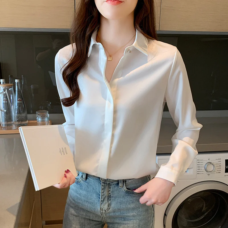 Woherb Woherb New True Silk Korean Version Of The Versatile Commuter Basic Shirt Women's Long Sleeve Pure Color Chiffon Shirt-Outfit Ideas