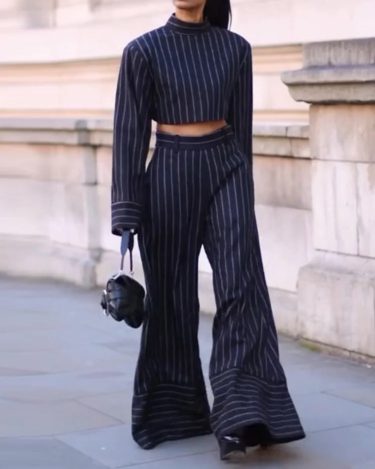 Long-sleeved striped two-piece suit